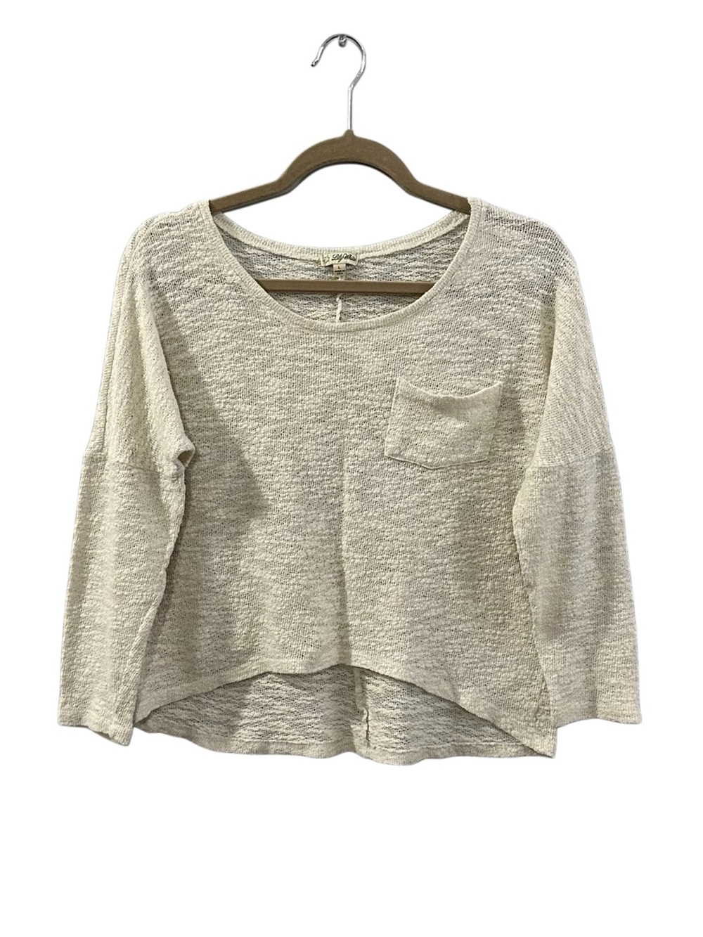 Lily White Oatmeal Knit Pocket Sweater Crop Top Size Large Made USA